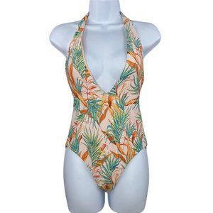 Basta Surf Women’s Pink Floral Print‎ One Piece Swimsuit Plunging Halter L -Read